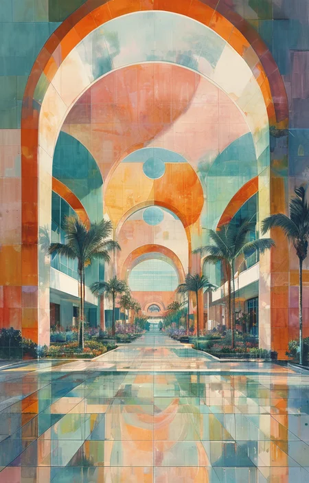 masterpiece,best quality,<lora:tbh304-sdxl:0.9>,illustration,designed by Norman Foster Art Deco hotel facade in Miami Beach, featuring pastel colors and streamlined forms