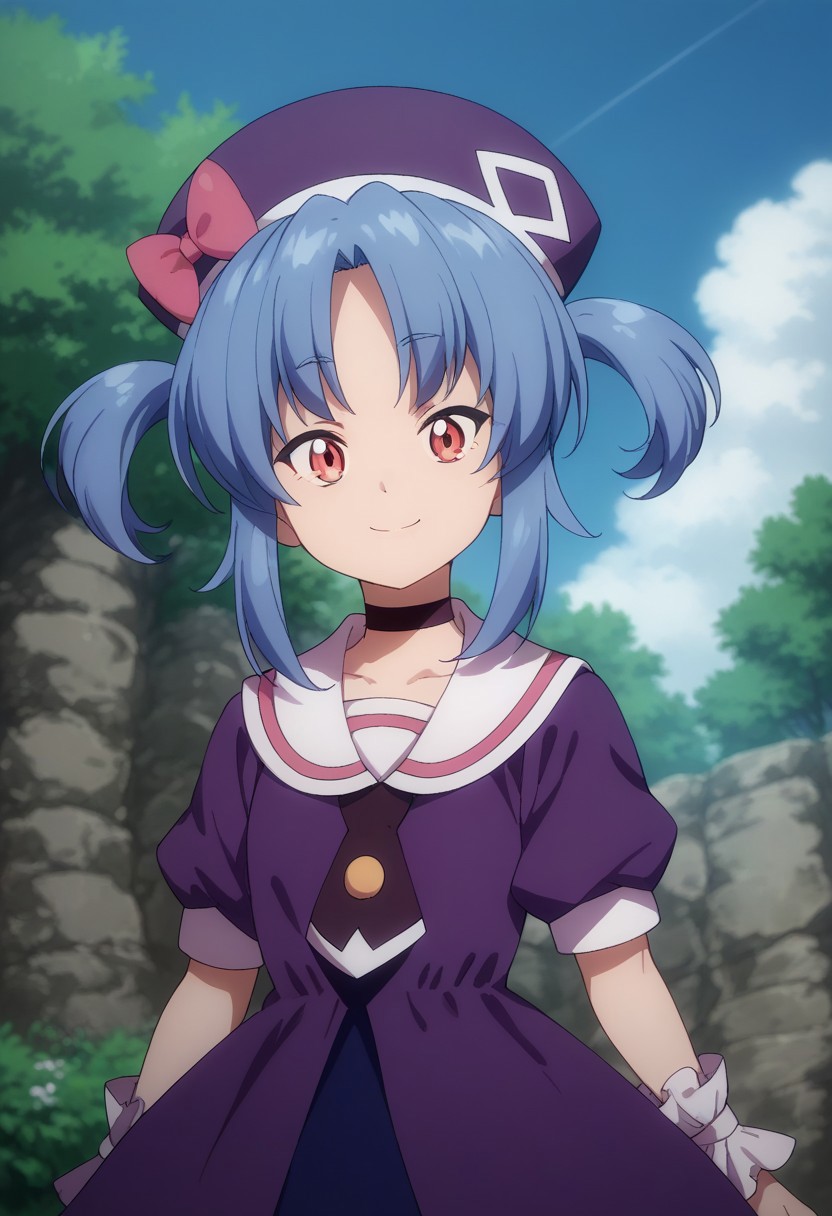 score_9, score_8_up, score_7_up, source_anime, highly detailed, 
kurobane, 1girl, solo, dress, twintails, blue hair, hat, red eyes, white sailor collar, puffy sleeves,
short sleeves, puffy short sleeves, smile, closed mouth, parted bangs,
purple dress, wrist cuffs, frilled dress, bangs, bow, sailor collar, frills, standing,
looking at viewer, choker, hat bow, upper body,
outdoor, sky, tree, cloud
