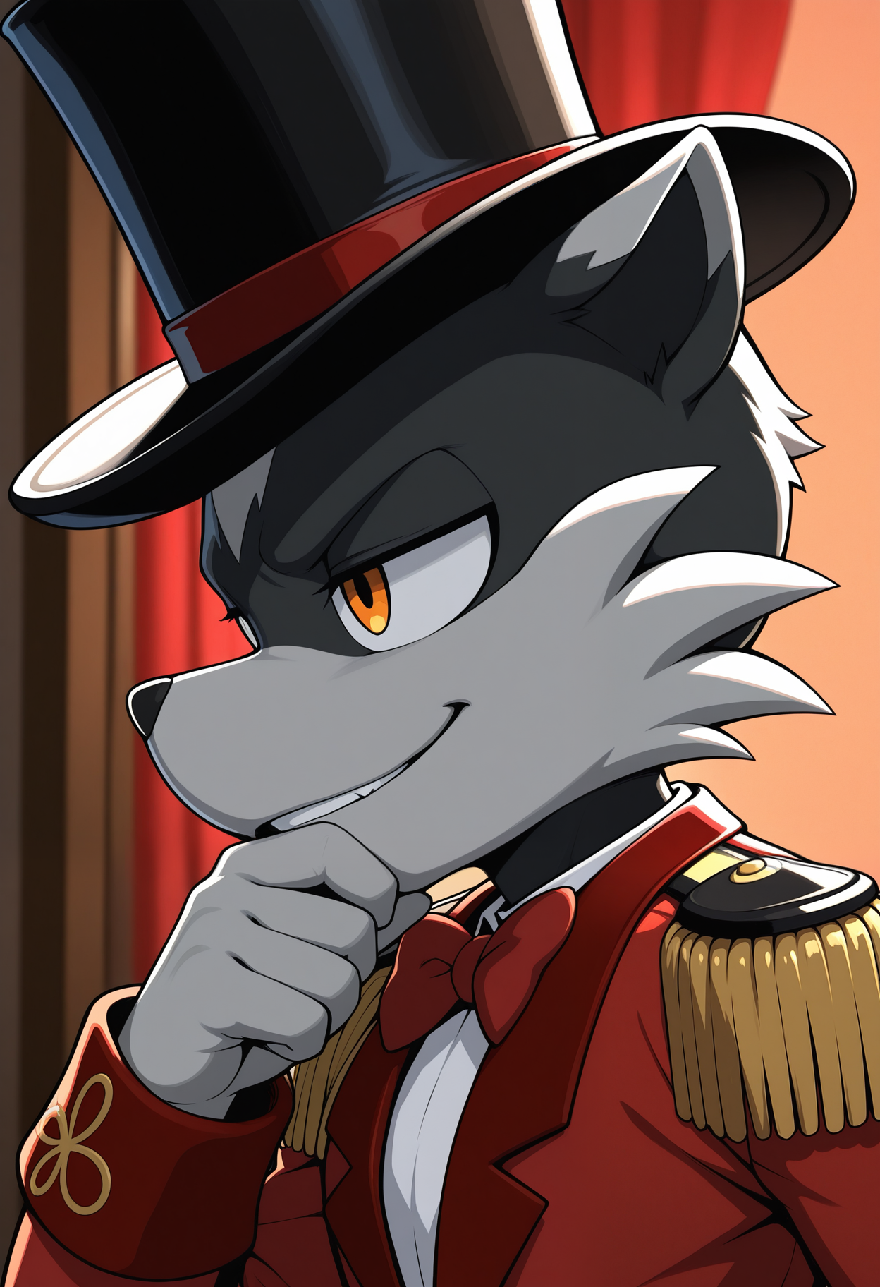masterpiece,best quality,amazing quality, 1boy, solo, b4rk3r, furry, black fur, orange eyes, black top hat, red bowtie, red coat, epaulettes, white shirt, close up, side angle, smirk, hand under chin, 