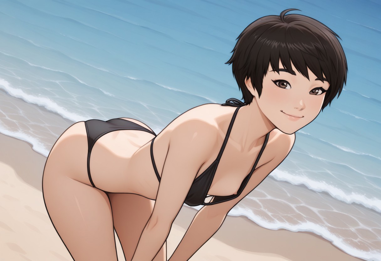 masterpiece,best quality,amazing quality,newest, absurdres, highres, detailed eyes, beautiful, perfect eyes, finely detailed face,pamistyle,	
BREAK	
1girl,solo, KimmyDKov, short hair, black hair, 
 small breasts,	small areolas,small nipples,
 nipple slip, 
bikini, leaning forward,
smile,	looking at viewer,
BREAK
detailed background,	beach,ocean,
BREAK
from above,