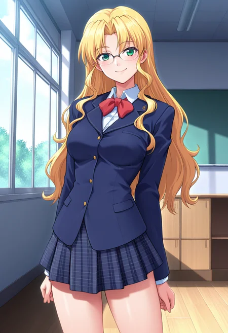 masterpiece, best quality, amazing quality, 1girl, solo, cowboy shot, kyoukaww, green eyes, blonde hair, long hair, very long hair, wavy hair, parted bangs, glasses, medium breasts, school uniform, red bowtie, blazer, dark blue jacket, white collared shirt, long sleeves, plaid skirt, pleated skirt, socks, looking at viewer, smile, indoors, day, skindentation, detailed clothing folds, depth of field, sharp, high contrast, dynamic light <lora:Ayamine_Kyouka_Yoridori_ill:0.8>