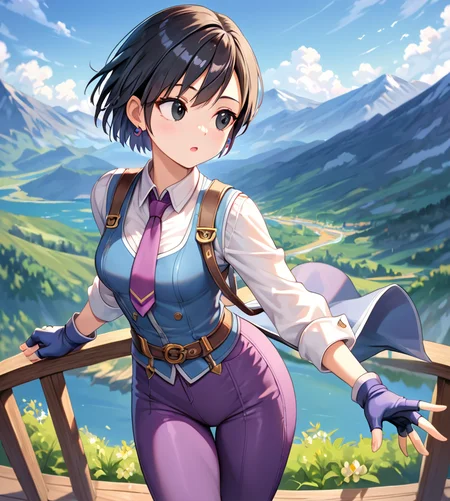 <lora:Viola_Dragon_Ball_Heroes:.5> viola, short hair, earrings, black hair, black eyes,  lilac dress shirt, purple tie, purple pants, suspenders, fingerless gloves, looking up and to the side, solo, mountains setting,, score_9, score_8_up, score_7_up, score_6_up, score_5_up,, detailed eyes, detailed face, detailed hands, <lora:detailed_notrigger:1>, (masterpiece), (best quality), (ultra-detailed), (best illustration), detailed face, skin pores, detailed skin, detailed eyes, high quality eyes, good quality hands, high resolution, great anatomy, high quality, highres,