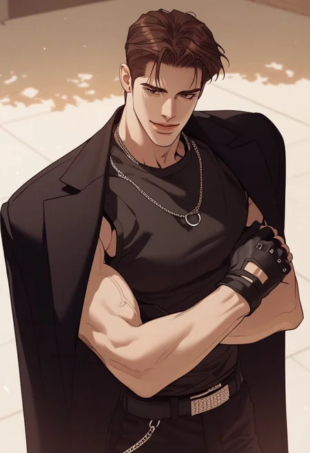 P_boy, score_9, score_8_up, score_7_up, 1boy, muscular, solo, handsome male, male focus, brown hair, slick back, black eyes, fixing gloves, black coat, leather tank top, leather pants, leather gloves, high angle, seductive smile, parted smiles, looking at viewer