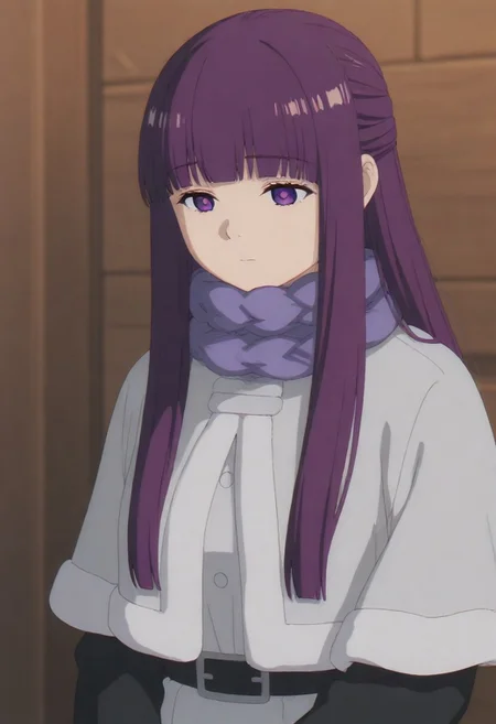 masterpiece, best quality, amazing quality,,, shiny skin,,,,,,, <lora:Fern:1> f3rn, fern (sousou no frieren), long hair, purple hair, blunt bangs, sidelocks, straight hair, purple eyes,, capelet, white capelet,white dress, black coat, purple scarf,