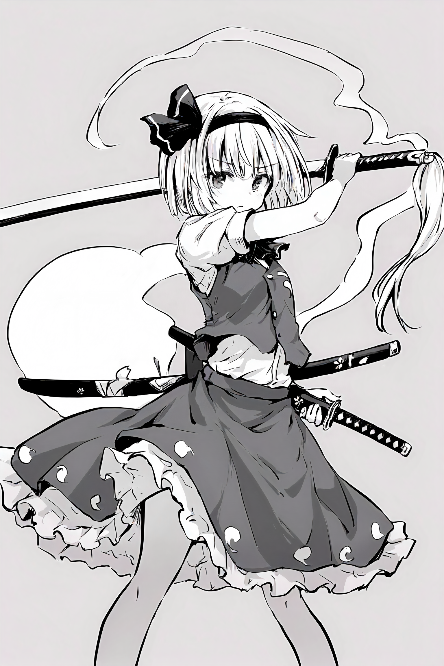 1girl, konpaku youmu, solo, 
TOKIAME, (cierra \(ra-bit\):0.7), (mechari:0.8), (azuuru:0.9), (chen bin:0.5), (\(kedama milk\):0.6), (greyscale:0.5), monochrome, 
short hair, skirt, short sleeves, short sleeves, vest, hair ribbon, hairband, ribbon, konpaku youmu (ghost), 
weapon, sword, katana, sheath, scabbard, holding, holding weapon, dual wielding,
(masterpiece, best quality, absurdres, highres, sensitive, best quality, amazing quality, very aesthetic, absurdres:1.1)