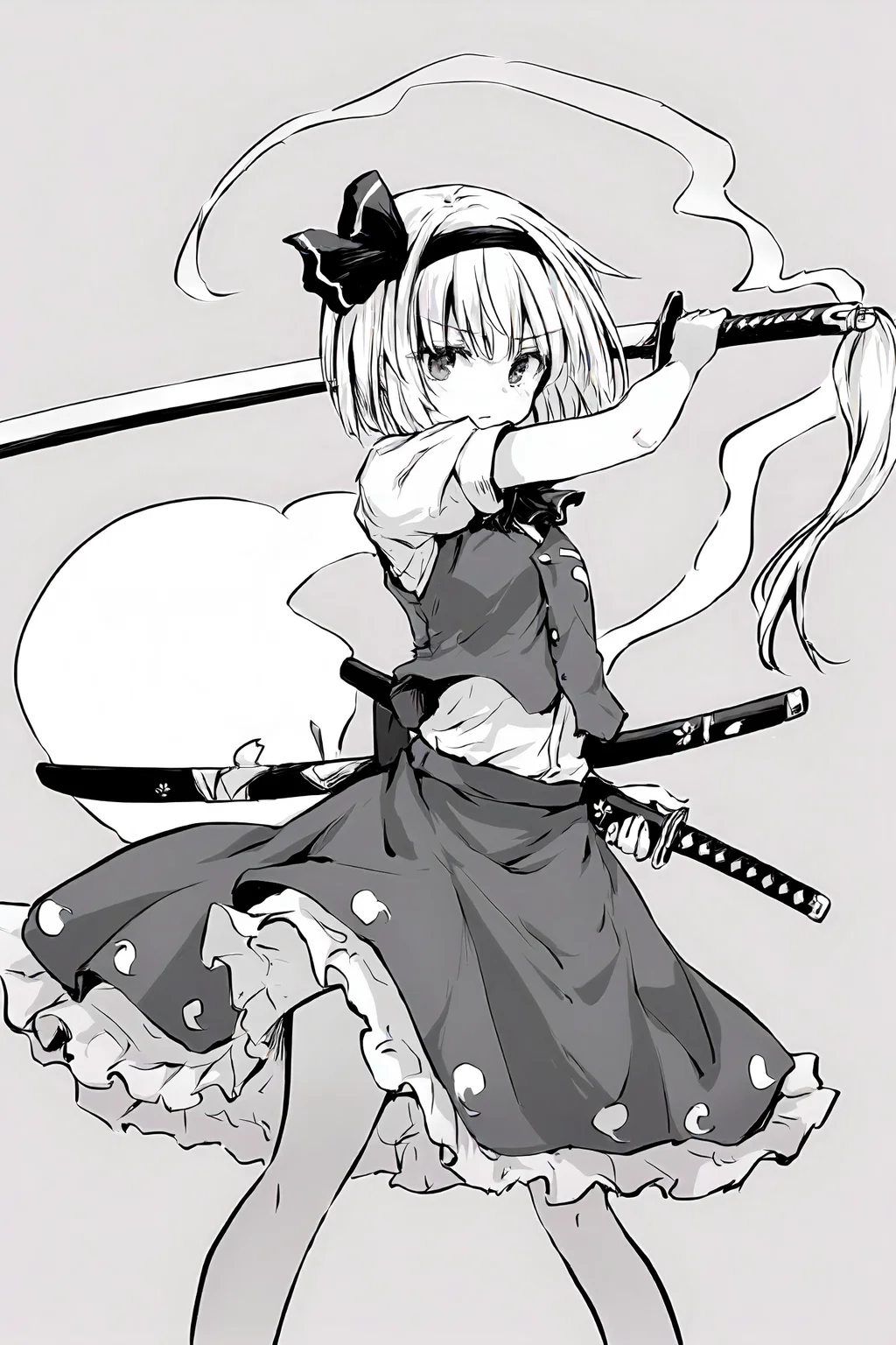 1girl, konpaku youmu, solo,
TOKIAME, (cierra \(ra-bit\):0.7), (mechari:0.8), (azuuru:0.9), (chen bin:0.5), (\(kedama milk\):0.6), (greyscale:0.5), monochrome,
short hair, skirt, short sleeves, short sleeves, vest, hair ribbon, hairband, ribbon, konpaku youmu (ghost),
weapon, sword, katana, sheath, scabbard, holding, holding weapon, dual wielding,
(masterpiece, best quality, absurdres, highres, sensitive, best quality, amazing quality, very aesthetic, absurdres:1.1)