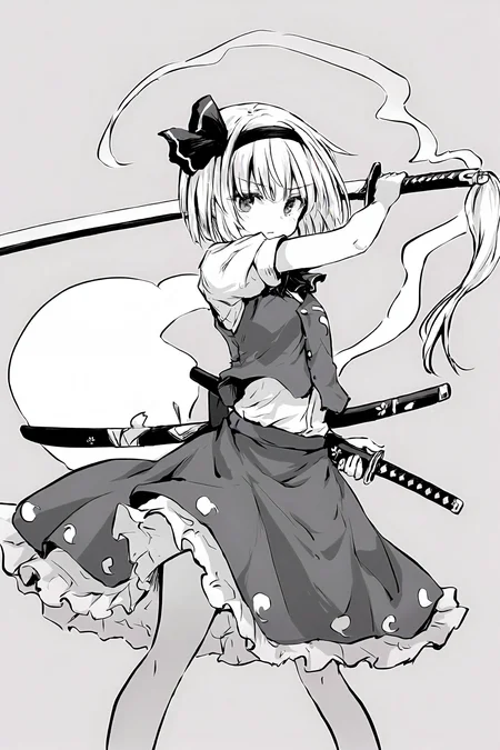 1girl, konpaku youmu, solo, 
TOKIAME, (cierra \(ra-bit\):0.7), (mechari:0.8), (azuuru:0.9), (chen bin:0.5), (\(kedama milk\):0.6), (greyscale:0.5), monochrome, 
short hair, skirt, short sleeves, short sleeves, vest, hair ribbon, hairband, ribbon, konpaku youmu (ghost), 
weapon, sword, katana, sheath, scabbard, holding, holding weapon, dual wielding,
(masterpiece, best quality, absurdres, highres, sensitive, best quality, amazing quality, very aesthetic, absurdres:1.1)