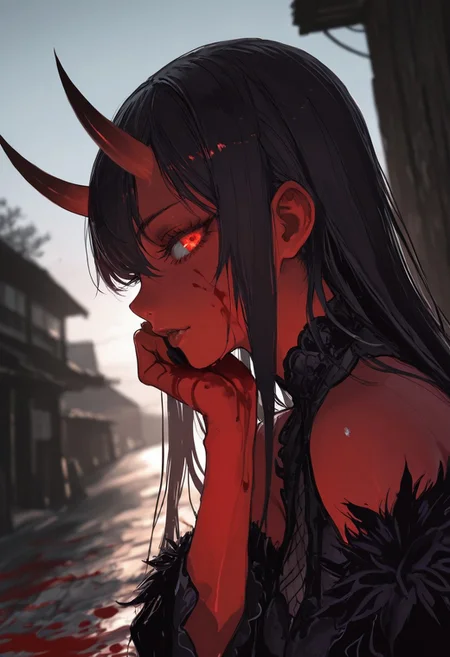 (EyesHD:1.2), (4k,8k,Ultra HD), masterpiece, best quality, ultra-detailed, very aesthetic, sharp focus, depth of field, ray tracing, best lighting, detailed illustration, detailed background, cinematic, beautiful face, beautiful eyes, 
BREAK
detailed background, eyelashes, erotic, looking seductive, coy. dynamic action image, detailed face, detailed eyes, direct mesmerizing gaze, 
BREAK
(sexy, slutty, hot, aroused), 
Aka-Oni, oni, colored skin, (red skin:1.3), straight horns, solo, long hair, model style, evil eyes, evil, bullying, sinister,
BREAK
by rintaro komori:1.3), (by ilya kuvshinov:0.5), (by aoi ogata:0.5), dark maniac theme, blood splatter on face, 1girl, portrait, scenery, outdoors, profile, nose, lips, sideways glance, glowing eyes, hand on own cheek, smeared blood,