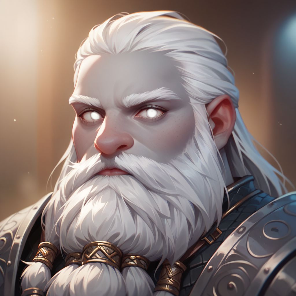 (((beautiful, high quality))), upper Body, score_9, score_8_up, score_7_up, 
Dwarf, short stature, big nose, Duergar, grey skin, white hair, white eyes, 1boy, male focus, matted beard, black armor, 
looking at the viewer, posing, blurred background,