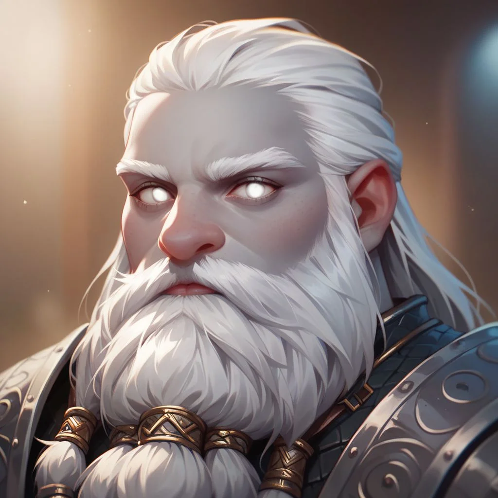 (((beautiful, high quality))), upper Body, score_9, score_8_up, score_7_up,
Dwarf, short stature, big nose, Duergar, grey skin, white hair, white eyes, 1boy, male focus, matted beard, black armor,
looking at the viewer, posing, blurred background,