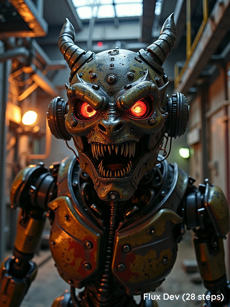 Vertiginous Dutch angle shot of a sinister demon bot, its body a twisted fusion of metal, dark energy, and decaying machinery. Its head is slightly tilted, with glowing fiery red eyes casting an eerie light over its sharp, mechanical face. Its mouth, lined with jagged steel teeth, curls into a terrifying smirk. The background is an industrial nightmare of sparking wires and exposed metal, illuminated by flickering, malfunctioning lights. The camera angle creates a disorienting, off-kilter perspective, making the viewer feel trapped and at the mercy of this malevolent, mechanical monster. The entire scene pulses with horror and technological dread.

