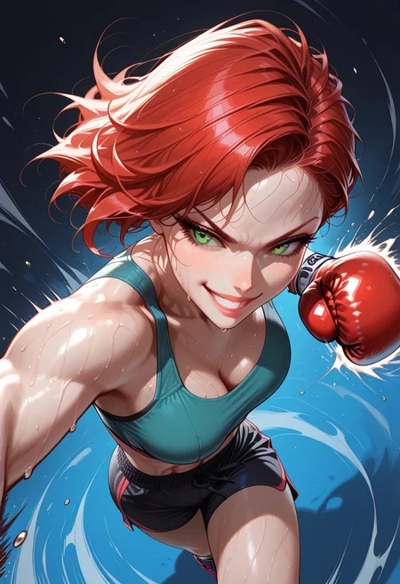 masterpiece, best quality, 32k, high resolution, absurdres,Jednvvd, vivid colors, geometric fragments, abstract patterns, 1girl, Jane, JaneRH, short red hair, swept hair, fit, medium breasts, green eyes, beautiful lips, little freckles, toned, dynamic pose, aesthetic, dynamic pose, kick boxing, sports bra, shorts, boxing gloves, punching, sweaty, badass expression, face closeup, focus on face, high angle view, grin