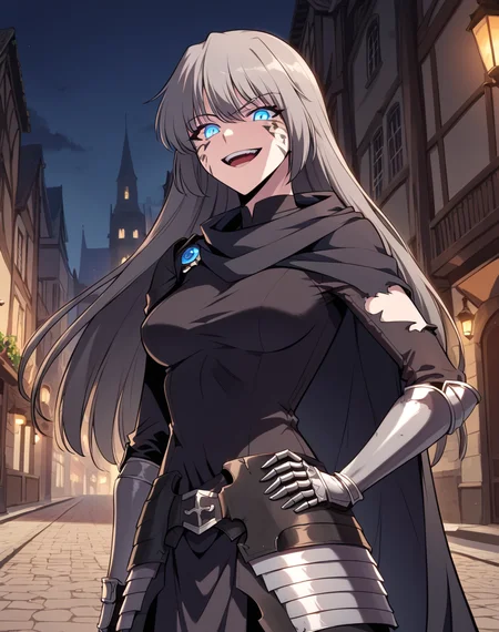 dark_teresa, grey hair, long hair, blue eyes,breasts, , torn cape, facial mark, dark knight, gauntlets, faulds, black cape, glowing eyes BREAK outdoors, city street, medieval, night BREAK looking at viewer, sexy face, sexy smile, open mouth, cowboy shot, hand on hips, evil face, evil smile BREAK score_9, score_8_up, score_7_up, source_anime ,zPDXL, <lora:Teresa_du_Laurentia:0.8>