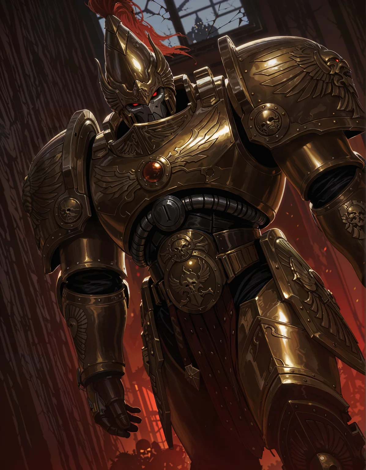 masterpiece, best quality,high quality, newest, highres,8K,HDR,absurdres, dynamic angle, realistic, 1boy, iLLCustodes40k, power armor, golden armor, solo, helmet, broken window, silhouette, creepy, backlit, haunted, dutch angle, red eyes, dark interior, solo, close up, mid shot, dutch angle, <lora:iLLCustodes40k:1>
