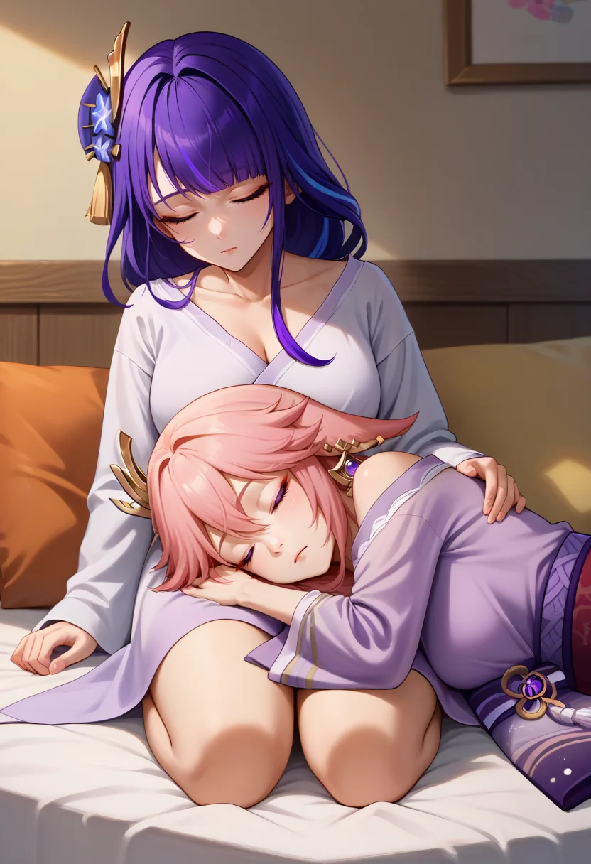 score_9, score_7_up, <lora:LapPillowNonPOV_pdxl_Incrs_v1:1>, lap pillow, lying, sitting, kneeling, raiden shogun, yae miko, sleeping,