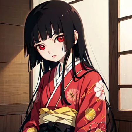 enma_ai 1girl, solo, hair down, hair black, bangs hair, eyes red, kimono, underlayer kimono, ornamental hairpun, obi sas, night, village, (masterpiece) 1girl, (8k, RAW photo, best quality, ultra high res, photorealistic, ultra-detailed), ninym ralei, temple, heavenly light, beautiful windows, 20s <lora:ninym1:1>