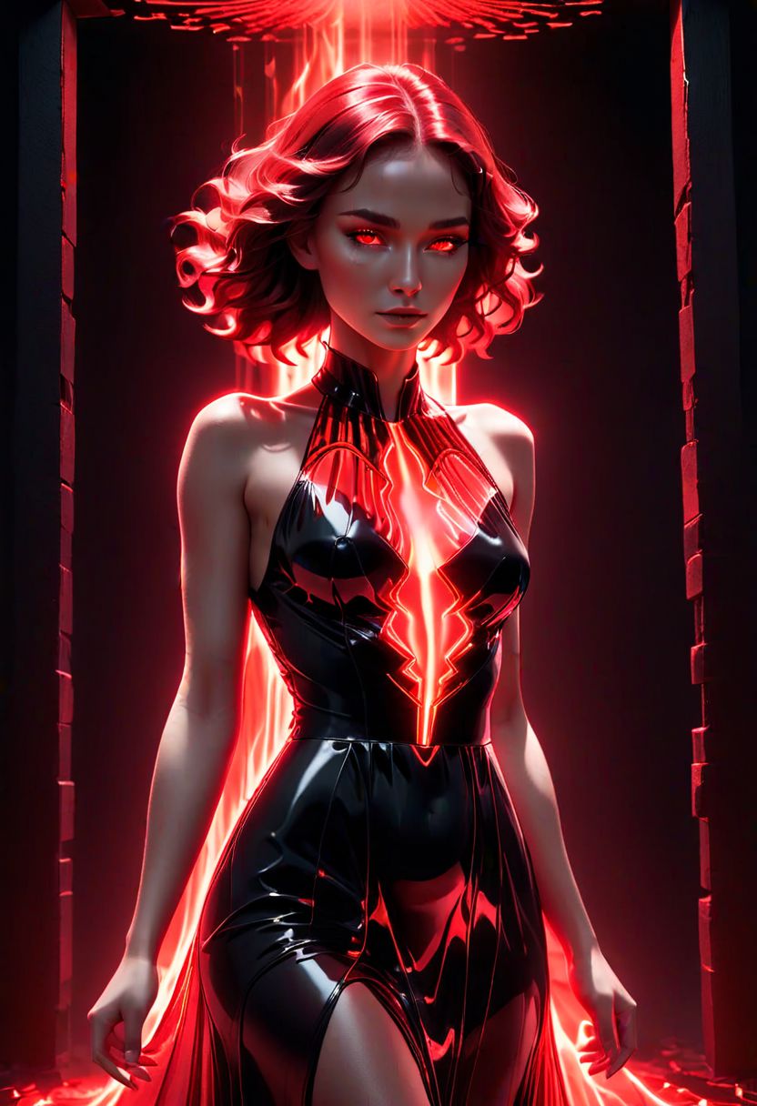 a woman in a black dress with red light on her face, glowing red, red and cinematic lighting, red glowing skin, red glow, cinematic red lighting, darkness aura red light, 3 d neon art of a womens body, red neon, red on black, detailed red lighting, with glowing red eyes, red lighting, dark glowing red aura