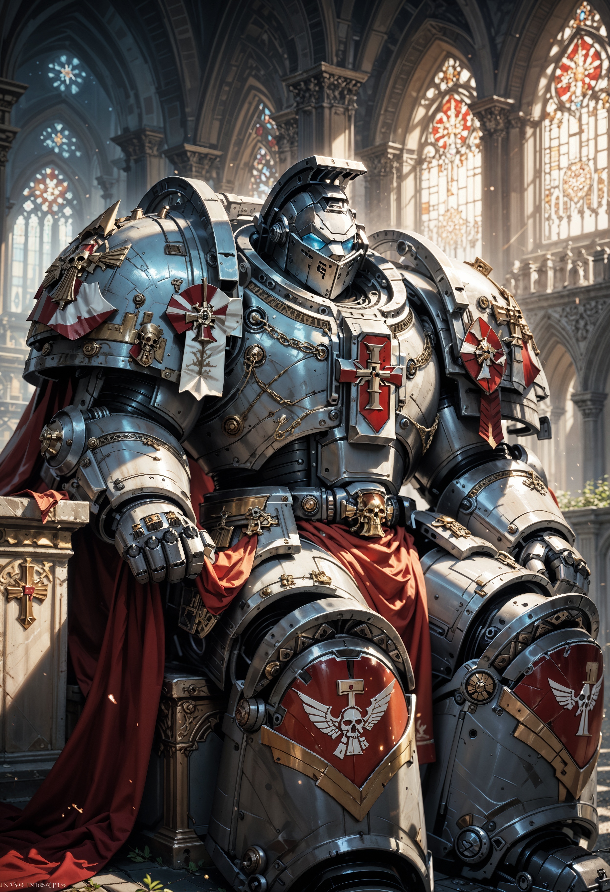 (score_9, score_8_up), score_7_up,  <lora:PonyGreyK40k:1> GreyK40k, solo, wearing power armor, helmet, sitting in a cathedral, dim lights