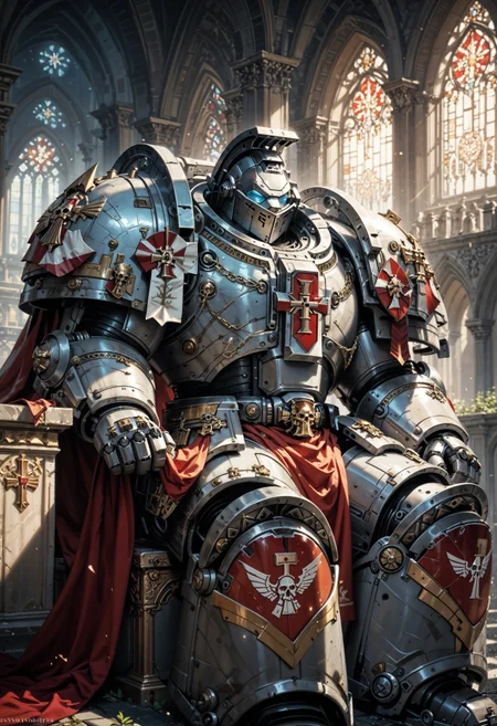 (score_9, score_8_up), score_7_up, <lora:PonyGreyK40k:1> GreyK40k, solo, wearing power armor, helmet, sitting in a cathedral, dim lights