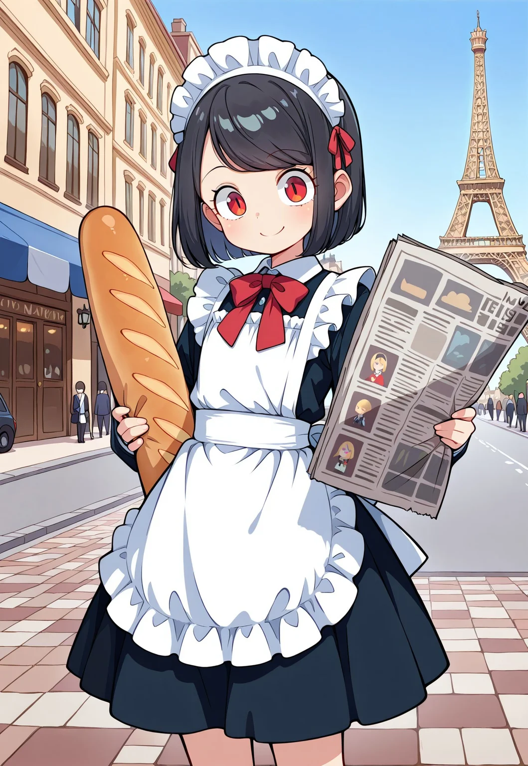 masterpiece, best quality, amazing quality, aesthetic, absurdres, best quality, 4k, upscale, Paris, Eiffel Tower, holding baguette and a newspaper, french flag, Jessica, slit pupils, red eyes, smile, standing, 1girl, black hair, maid headdress, maid outfit, red bow, skirt, solo, flat chest, closed mouth, bob cut, swept bangs, <lora:Jessica_IL:0.8>