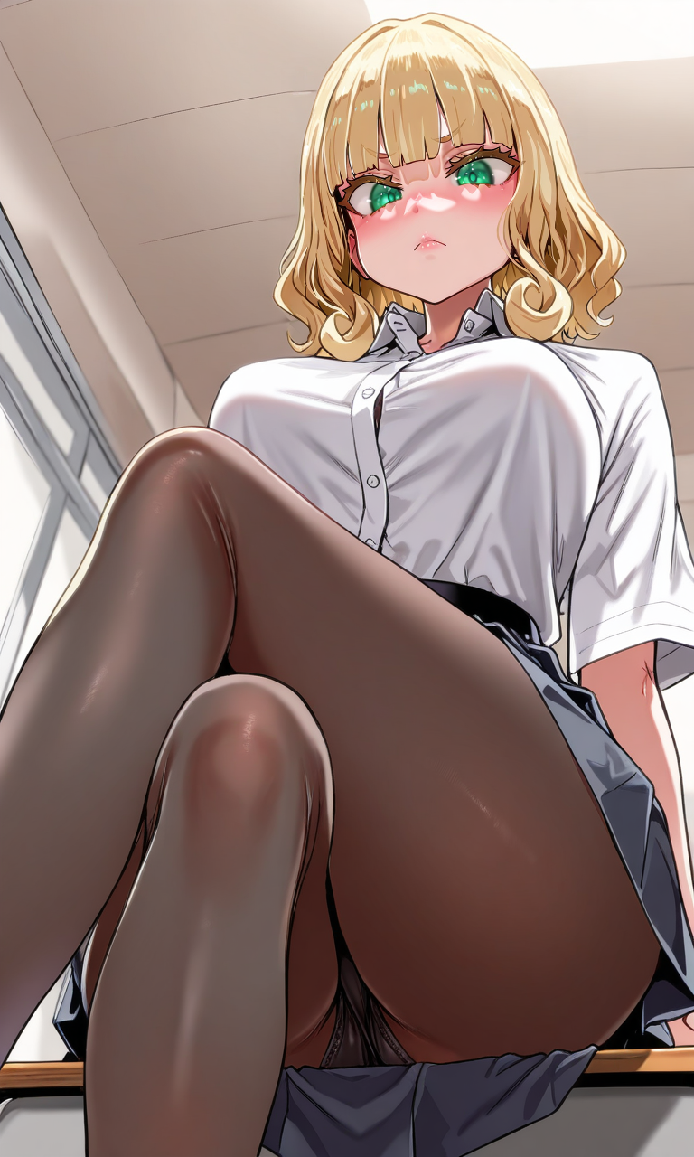 masterpiece, best quality, high resolution, absurdres, 1girl, Asanagi, school_uniform, white_shirt, collared_shirt, pleated_skirt, blonde_hair, green_eyes, medium_hair, medium_breasts, looking_at_viewer, from_below, crossed_legs, black_pantyhose, school, indoors, frown, pantyshot, panties