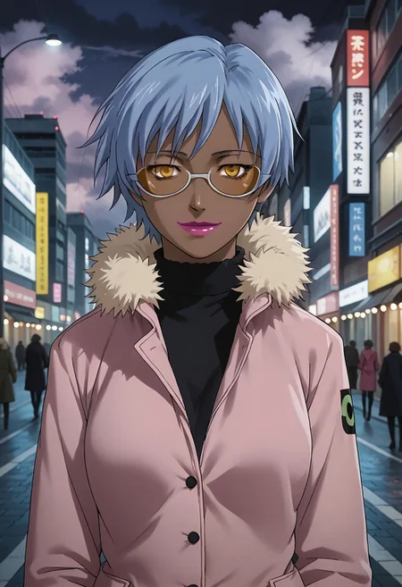 source_anime, D4RK3RTH4NBL4CK, DTB_Style, (XXX Rating), ((score_9)),score_8_up,score_7_up,score_6_up,score_5_up,score_4_up, retro_artstyle, anime style, 1woman, (dark-skinned_female:1.5), solo, solo focus, (april_(darker_than_black):1.3), (short hair), (blue hair), yellow eyes, sunglasses, pink lips, large breasts, (pink coat, winter_coat, fur_trim), Blush, Full-Faced Blush, (long_sleeves), (smile), red face, steam, looking at viewer, facing viewer, masterpiece, best quality, highres, best illumination, depth of field, Artist style:komori_takahiro, public indecency, urban, cloudy, night, cityscape background, outdoors,