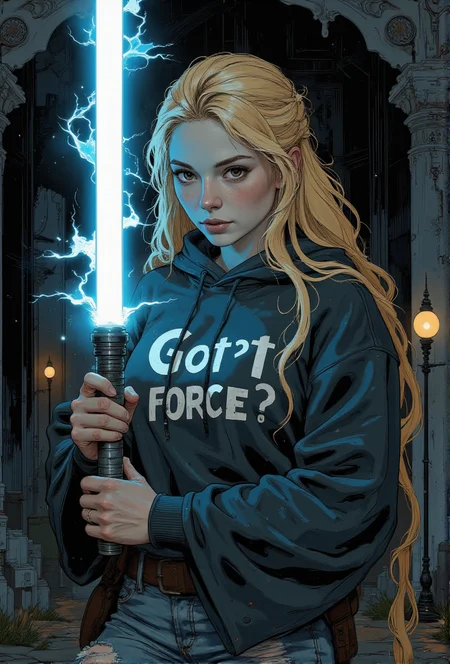 An ultra-detailed, portrait oil painting of a young Jedi Rapunzel, emanating calm and wisdom, holding a blue lightsaber, its blue blade illuminating her face. Her expression is determined and focused. She is inside an ancient Jedi temple shrouded in darkness, where the only light comes from her glowing blue lightsaber. The Jedi Rapunzel is skinny barely in her teens. Her long, iconic blond hair cascades in wild, untamed waves. She is wearing an oversized, dark colored hoodie with bold typography that reads "Got force?" in white letters and ripped blue jeans. Oil painting. Focus on the girl, shadow and light, Masterpiece, intricate lines, intriguing atmosphere, sharp magnificent details, delicate features, elaborate details, (2\3 rule composition:0.5), ultra detailed, romantic, Rembrandt lighting, brush stroke, lovely, novuschroma, in the style of Rembrandt.