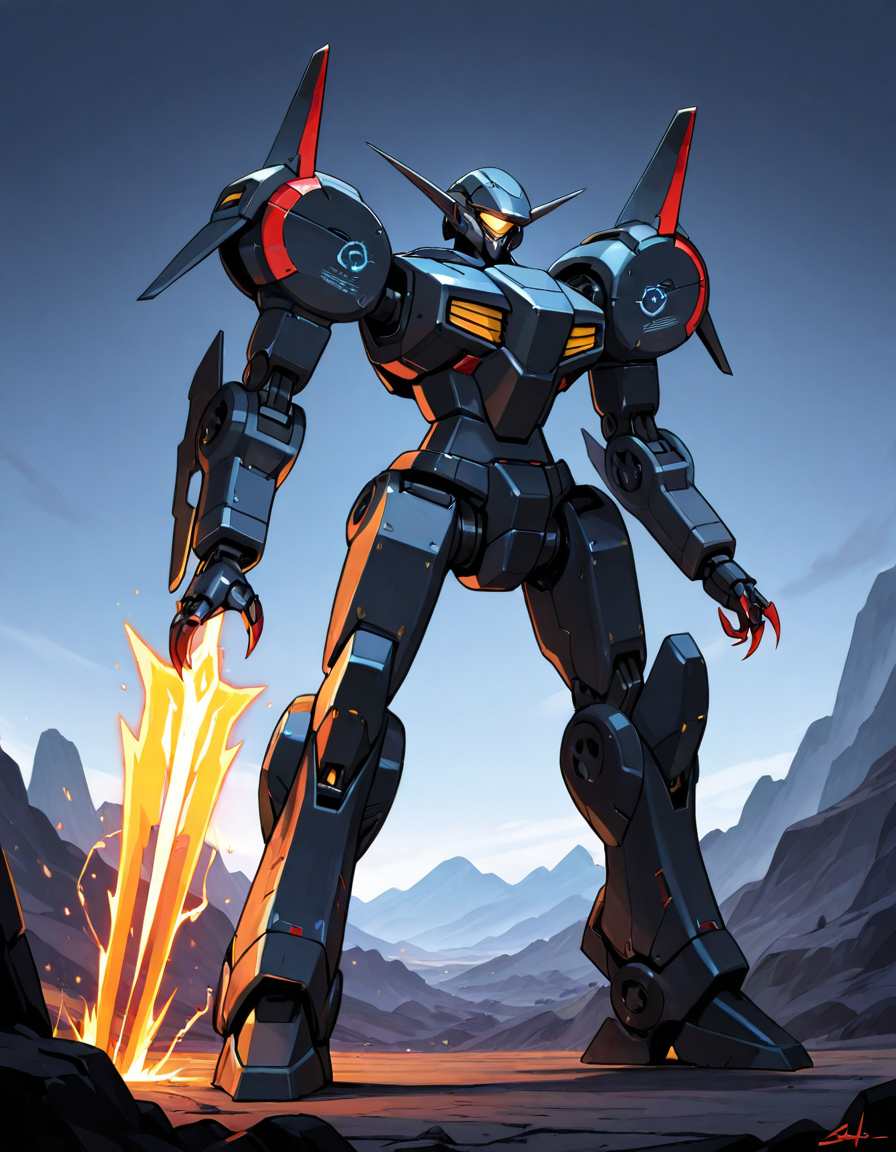 , a robot mech, <lora:ck-70s-scifi-IL:.1>,  sci-fi, a retro Red and Black  mech with Wolf Mecha Head (Canine-inspired, sharp edges, pointed ears)  and Energy Claw Arm (Claw with glowing energy blades instead of physical metal) , illustration ,, masterpiece, best quality, high quality, detailed, absurdres