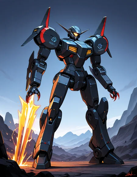 , a robot mech, <lora:ck-70s-scifi-IL:.1>, sci-fi, a retro Red and Black mech with Wolf Mecha Head (Canine-inspired, sharp edges, pointed ears) and Energy Claw Arm (Claw with glowing energy blades instead of physical metal) , illustration ,, masterpiece, best quality, high quality, detailed, absurdres
