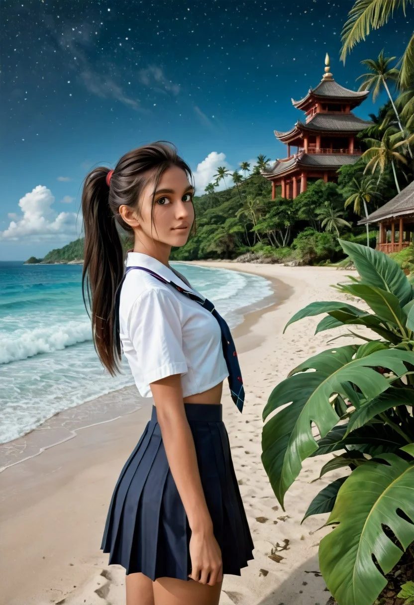 1girl, Masterpiece, 8k, ultra high detail, score_9, score_8_up, score_8, medium breast size, sporty long deepblack ponytail hair, fcNeg, stunning green eyes, native american skin, tan skin, small nose, innocent beauty, cute face, very athletic body, perfect Sporty body, extreme detailed body, perfect face, ultra high detailed face, perfect eyes,
Sideview,
Seifuku, japanese schooluniform, katana, actionscene,
Dark night full of stars,
beach, tropical, tropical beach, Island, waves,
Old temple, on old templewall, templewall, half sunken temple, through the jungle, shove a big leaf away,