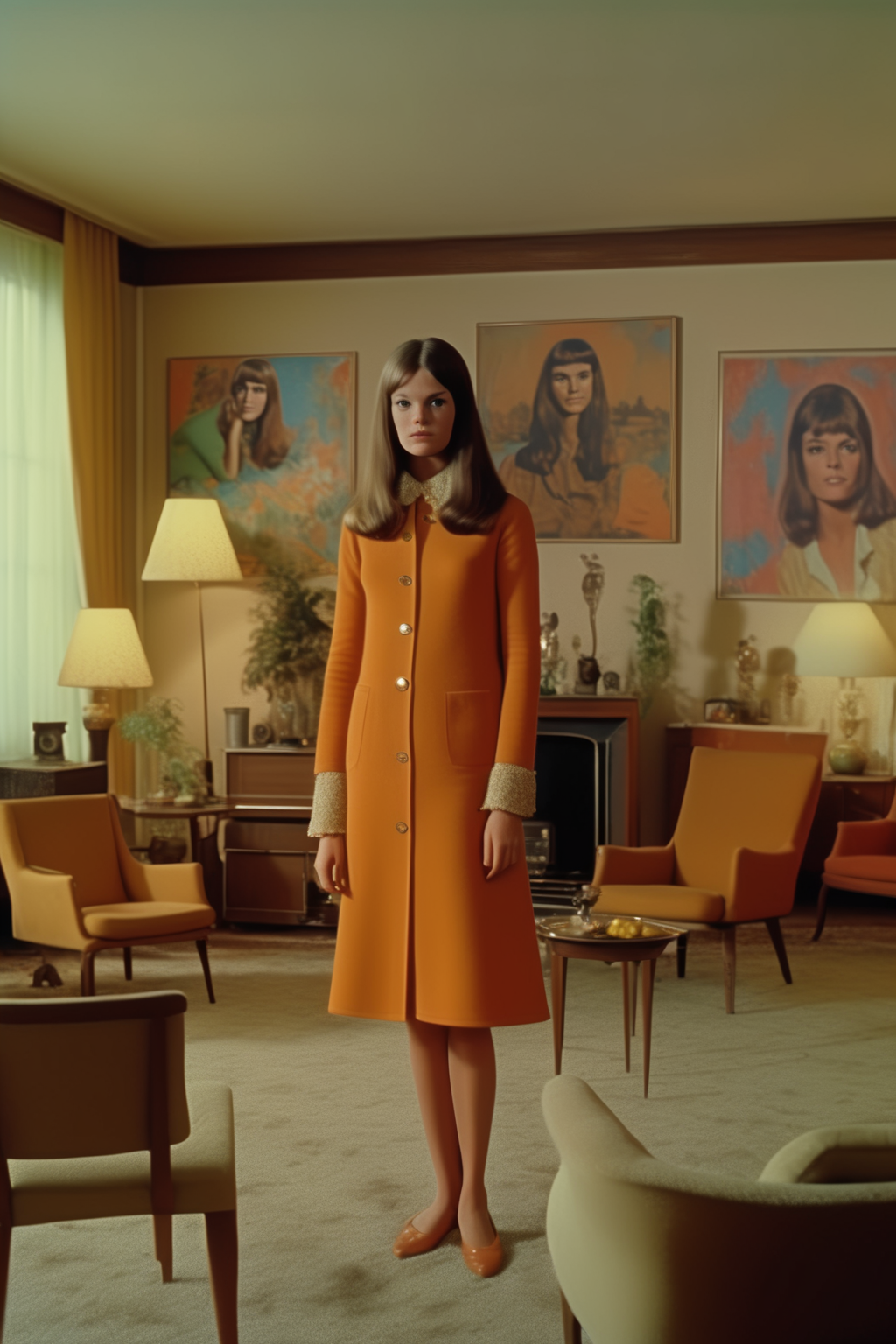 <lora:Director Lars von Trier style:1>Director Lars von Trier style - Movie frame, filma large living room of an appartament at the year of 1969, with a table in the middle, some oil paintings spread over the walls with a white 27 years old girl, brown hair, dressed in a typical middle 60's costume stand at the center of the place, 50mm lens, eye level shot, 1970's movie style colors, summer afternoon,