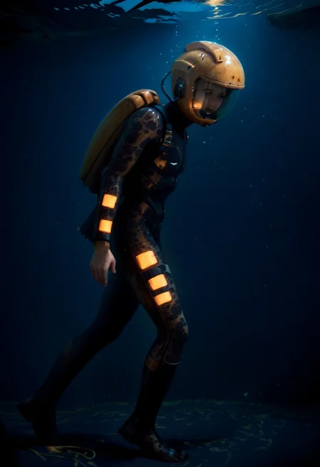 score_9, score_8_up, score_7_up, Ultra detailed digital art masterpiece, (1man), (deep sea diver), ((wearing deep sea standard diving suit)), ((round brass helmet, attached to a large leather suit)), with brass pads, heavy lead belt, brass heavy boots, connected by tubes to the sea surface, walking at sea bottom, dark atmosphere, Chiaroscuro, water blur, intricate underwater world, ultra detailed atmospheric details, 8k rtx photorealistic cinematic, Ethereal underwater, floating particles, Volumetric 3d effect,