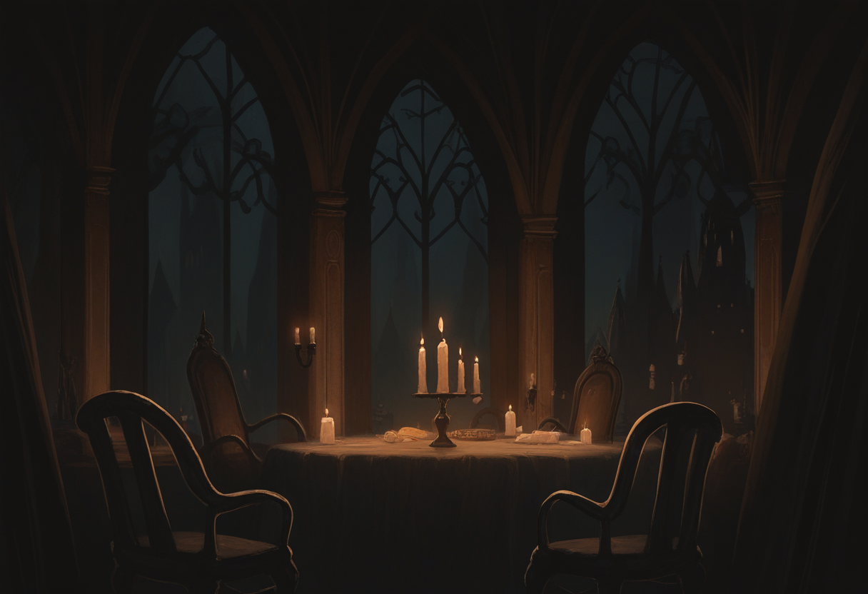 very awa, masterpiece, best quality, hightres, absurdres, pixelPaint, indoors, no humans,  luxury, gothic architecture, table, chair, candle, candelight, ambient, window,  <lora:PixelPaintStylez-IL:1>