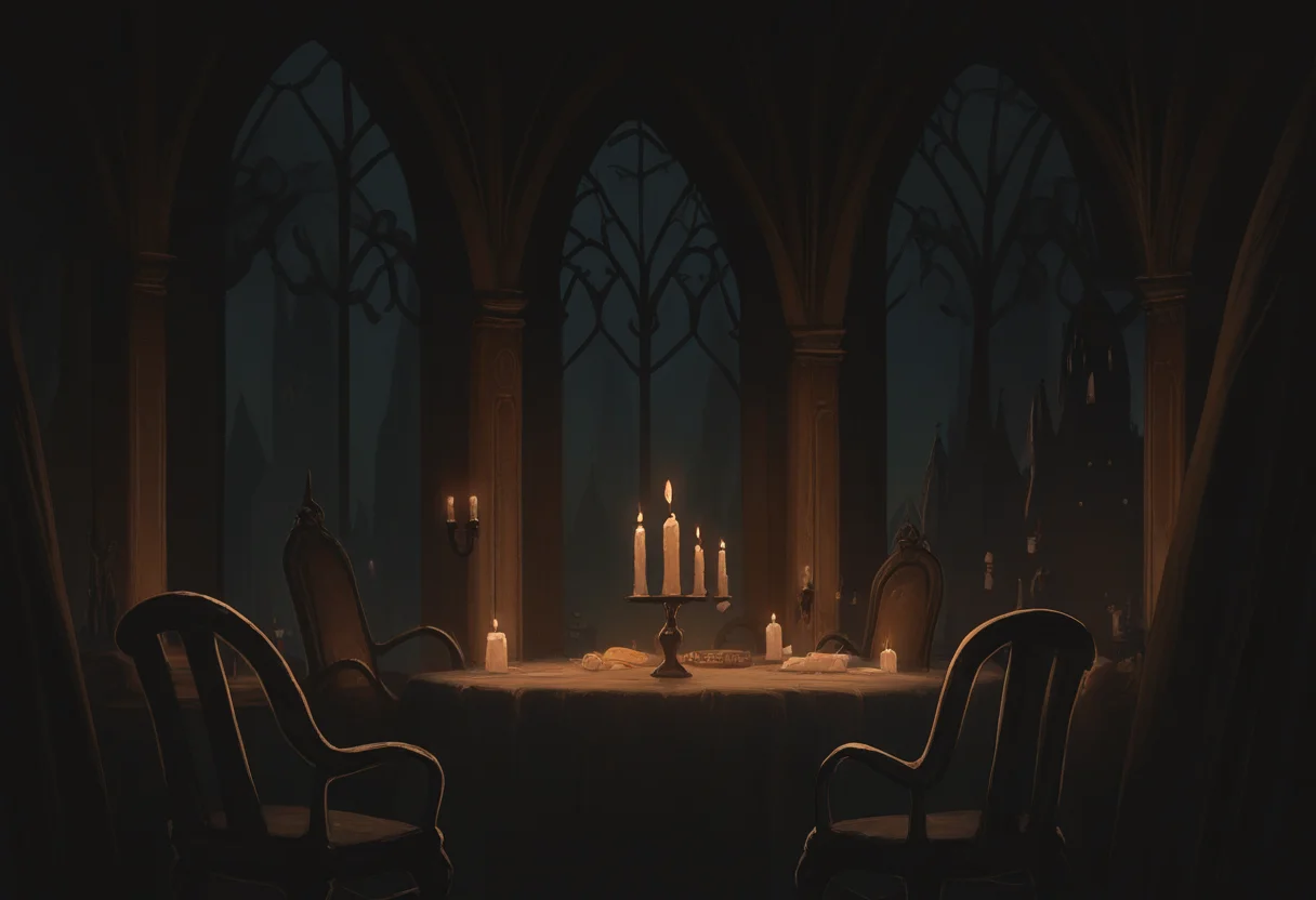 very awa, masterpiece, best quality, hightres, absurdres, pixelPaint, indoors, no humans, luxury, gothic architecture, table, chair, candle, candelight, ambient, window, <lora:PixelPaintStylez-IL:1>