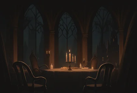 very awa, masterpiece, best quality, hightres, absurdres, pixelPaint, indoors, no humans, luxury, gothic architecture, table, chair, candle, candelight, ambient, window, <lora:PixelPaintStylez-IL:1>