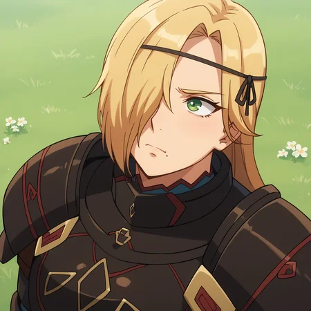 score_9, score_8_up, score_7_up, score_6_up, score_5_up, score_4_up, brown_armored_dress, Leinas_Rockbruise, looking_up, solo, closed_mouth, mole_under_mouth, frown, one_eye_covered, knight, circlet, shoulder_armor, portrait, upper_body, outdoors, grass, from_above, close-up, <lora:Leinas_Rockbruise_V1_2:0.8>