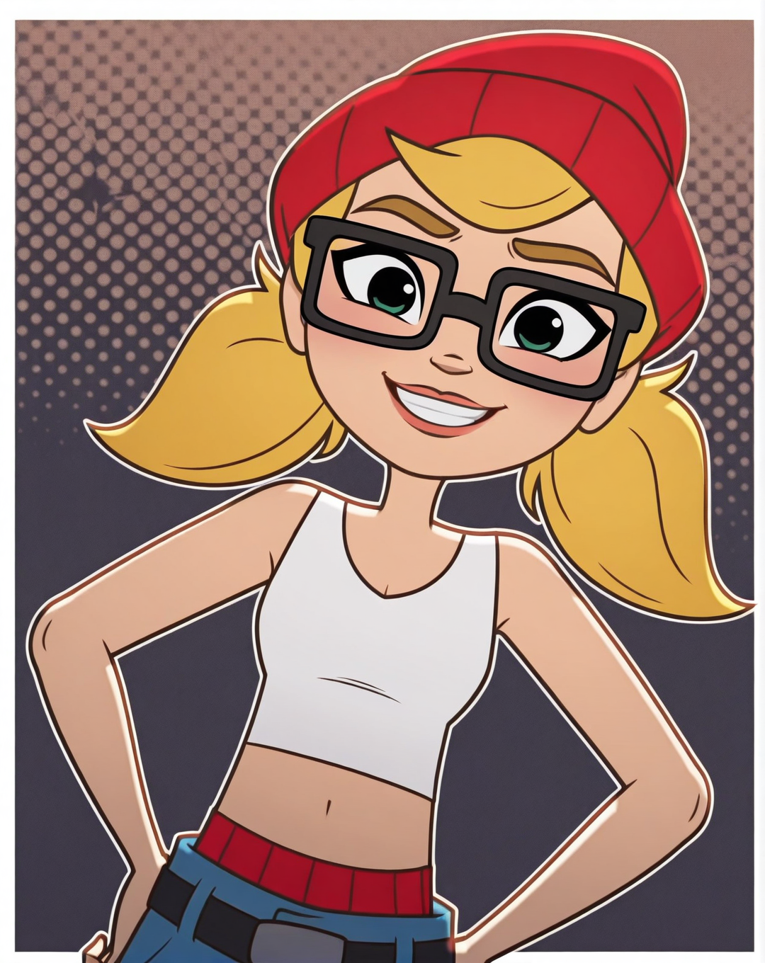 Tricky, 1girl, solo, light skin, green eyes, blonde hair, pigtails, black square glasses, red beanie, white crop tank top, midriff, red underwear, black belt, light-blue jeans, sneakers, (smile, dutch angle, Hands on hips, naughty pose, looking at viewer, solo, dynamic pose, head tilt,),(( dynamic halftone dot background, stylized background, White frame, Square frame, white outline))