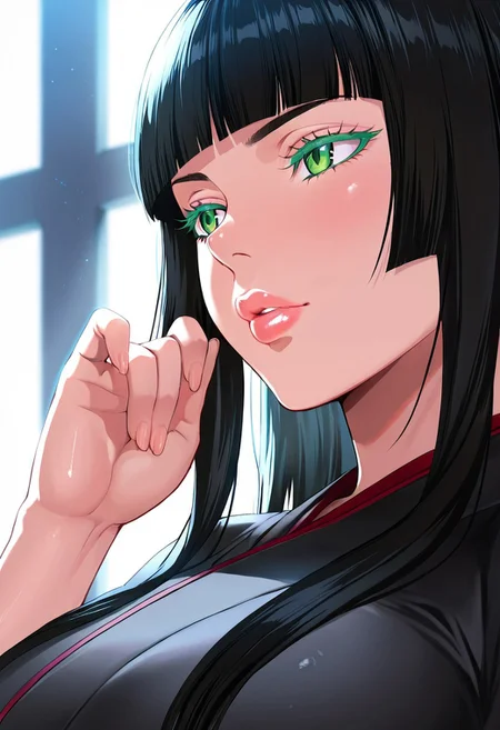 1girl, <lora:Gentiana_FFXV_ilxl_goofy:1> gentiana,  \(FFXV\),, adult woman, masterpiece, black kimono, hand up, black hair, long hair, hime cut, blunt bangs, detailed lips, luscious lips, lip gloss, portrait, colored eyelashes, backlighting, detailed eyes, green eyes, large breasts, goddess, glossy skin, ,hires,best quality, very aesthetic,absurdres,score_9, score_8_up, score_7_up, score_6_up, score_5_up, score_4_up, (hyper extreme detailed), (hyper quality), game CG, (colour:1.2),(from side:0.7)
