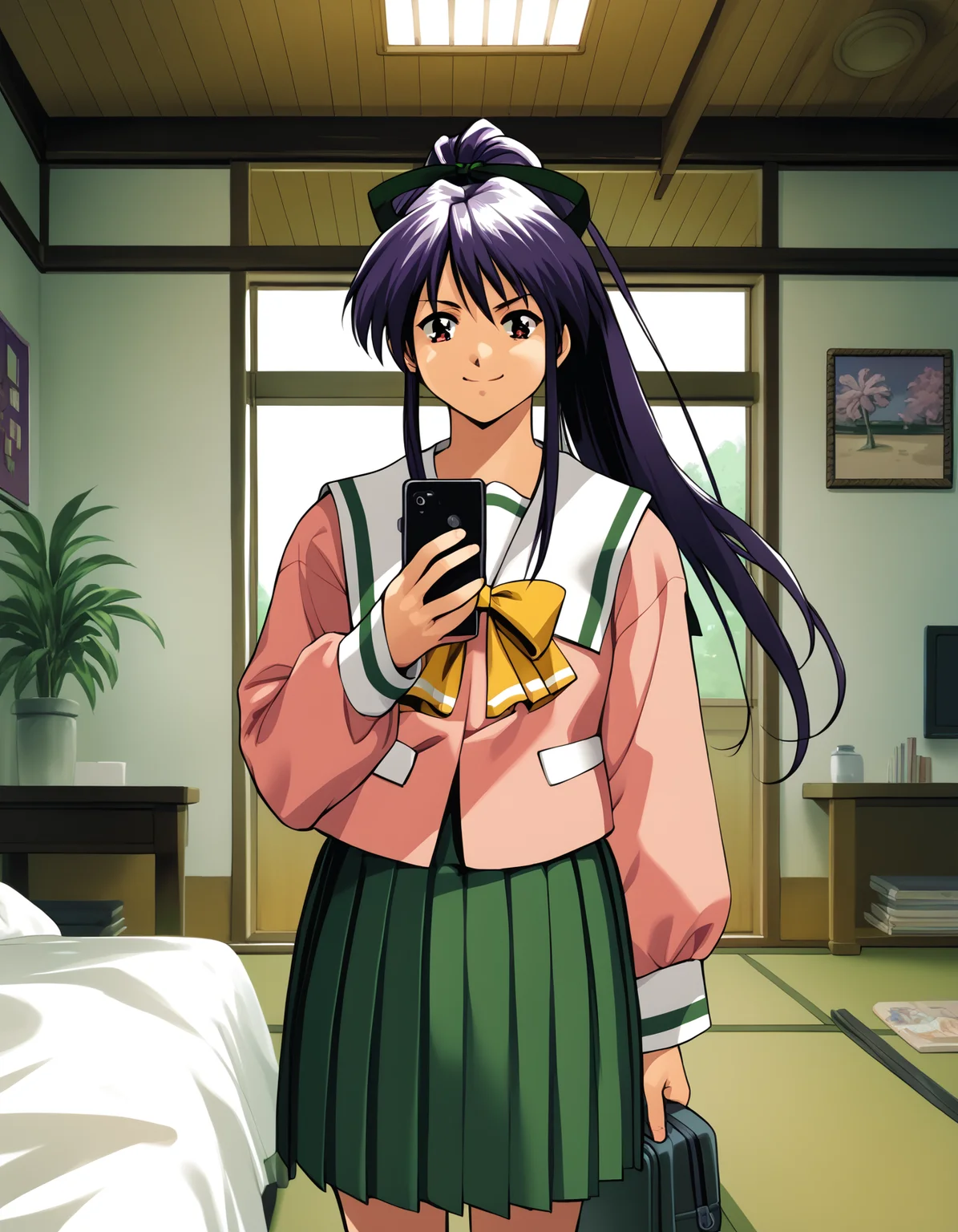 score_9, score_8_up, score_7_up
<lora:takabe-eri-ponyxl-000028:1> takabe, purple hair, hair ribbon, serafuku, pink shirt, pleated skirt, green skirt,
1girl, smirk, cowboy shot, bedroom, looking at phone, ceiling fan, tatami, plant