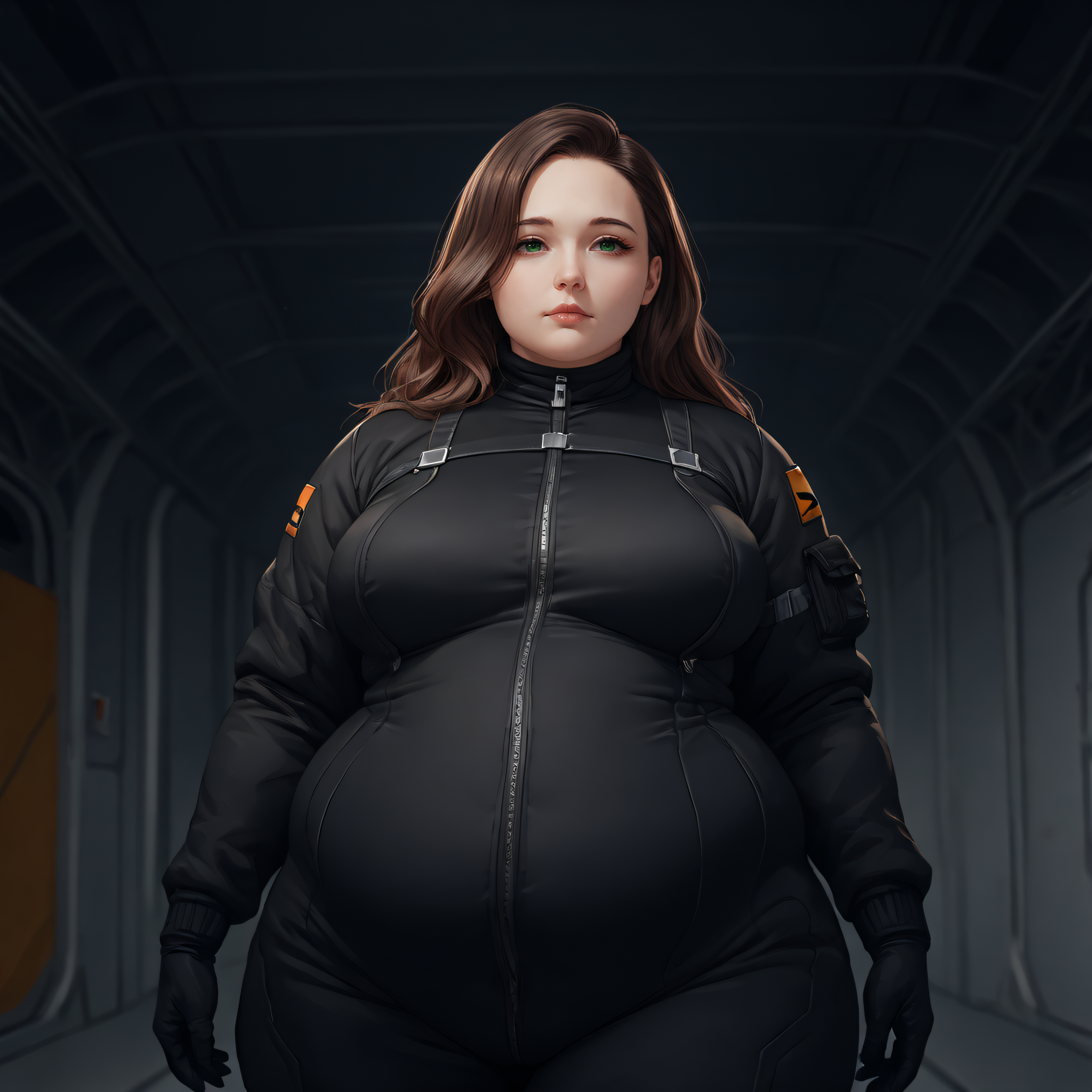 <lyco:SyMix_Pony_v05a02:1>, score_9, score_8_up, score_8, solo, 1 woman, adult, <lora:add-detail-xl:1>,  <lora:EthicaXL:0.5>, fat ethica wearing black flight suit, hangar bay, long brown hair