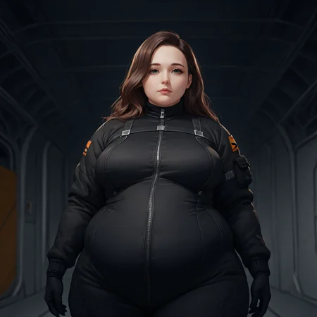 <lyco:SyMix_Pony_v05a02:1>, score_9, score_8_up, score_8, solo, 1 woman, adult, <lora:add-detail-xl:1>, <lora:EthicaXL:0.5>, fat ethica wearing black flight suit, hangar bay, long brown hair
