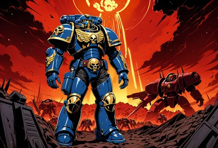 An intricately detailed 4K screencap from a high-budget modern anime production, with clean professional linework and vibrant colors. It depicts a man standing in a foxhole on a blasted hellscape red skies, wearing a suit of sleek, shiny, gold and blue advanced power armor. warhammer40k, space marine, grimdark