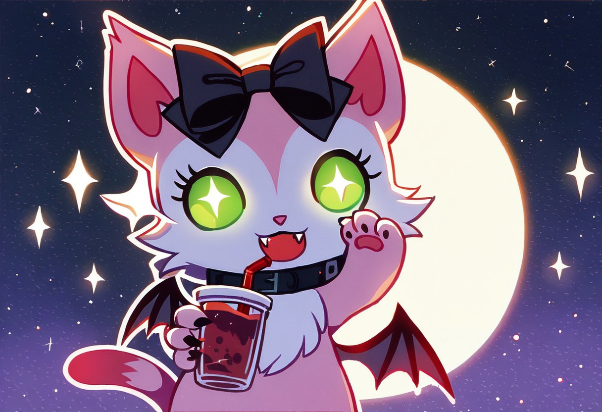 score_10, score_9_up, score_8_up, Vampire_Mia, 1girl, solo, looking at viewer, smile, open mouth, bow, green eyes, tail, hair bow, wings, no humans, sparkle, black bow, :3, night, fangs, moon, cat, bat wings, full moon, body fur, mansion, glowing eyes, claws, covered in blood, drinking blood