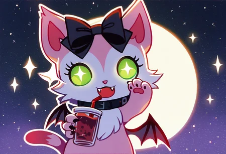 score_10, score_9_up, score_8_up, Vampire_Mia, 1girl, solo, looking at viewer, smile, open mouth, bow, green eyes, tail, hair bow, wings, no humans, sparkle, black bow, :3, night, fangs, moon, cat, bat wings, full moon, body fur, mansion, glowing eyes, claws, covered in blood, drinking blood