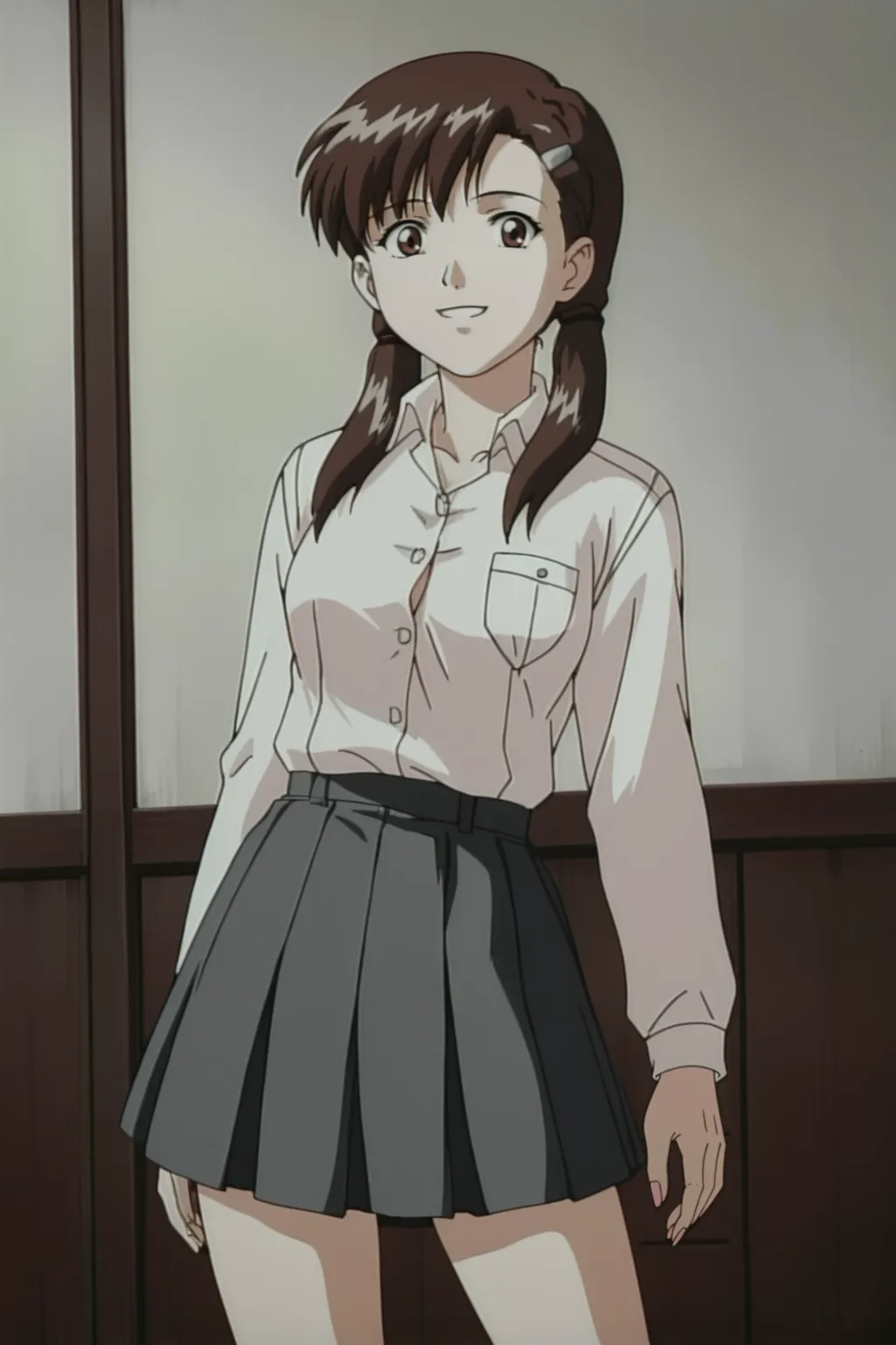 score_9, best, masterpiece, uncensored,
indoors,
1girl, solo, smile, 1990s (style), retro artstyle,
DWKojiJunsSister, collared and buttoned shirt with left breast pocket, pleated skirt, hairclip on left side,
<lora:DWKojiJunsSister_V4:0.8>​​​