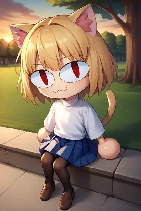 score_9, score_8_up, score_7_up, score_6_up, score_5_up, score_4_up, BREAK, 1girl, solo, <lora:necoarc-guy-PONYv1_1:1>, necoarc, lit pupils, cat ears, blonde hair, red eyes, chibi, :3, turtleneck, blue skirt, pleated skirt, pantyhose, brown footwear, sitting, sunset, swinging legs, from above, looking at viewer, park, tree,