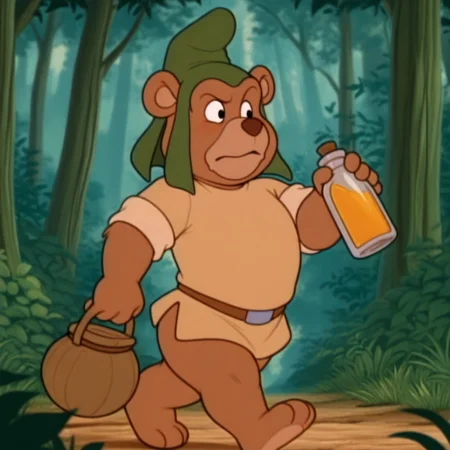 masterpiece, best quality, amazing quality, gruffi, male, furry male, anthro, solo, bear, brown fur, black eyes, tan muzzle, brown nose, paw pads, short, green hat, brown shirt, brown belt, walking, holding elixir bottle, outdoors, forest,