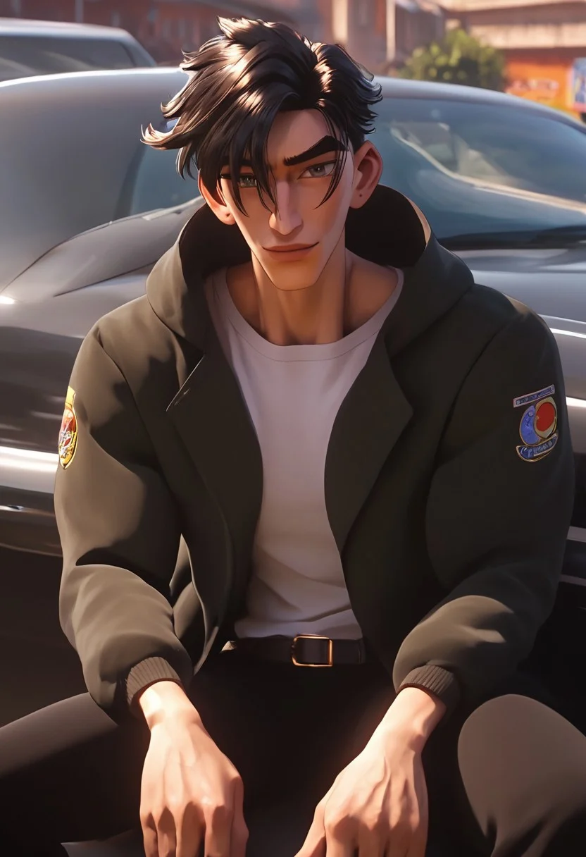 1boy, solo, male focus, toned male, black hair, messy hair, spiky hair, messy hair, satisfaction, satisfied, closed, mouth, neutral,
jacket, white shirt, black pants, belt
in a car, intense shadow, intimidating, chest close to viewer, dark light, no light, shadow, sitting in a car, sponsored costume, looking at viewer, smile
rating PG, score_9,score_8_up,score_7_up, source_anime, male focus, Muscular,
big thigh, big thigh, big chest, hung, manly, tall, detailed eyebrow, sharp eyebrows, focus on thigh, hairy thigh, thigh focus, random view
