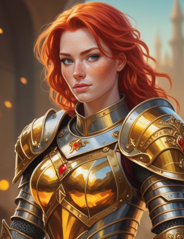 digital painting of a (fantasy art:1.2) of a regal female knight with red hair freckles and  large breasts wearing legendary golden crystal armor, smirking, amused, looking at viewer, arena in the background, vibrant picture, vivid colors,