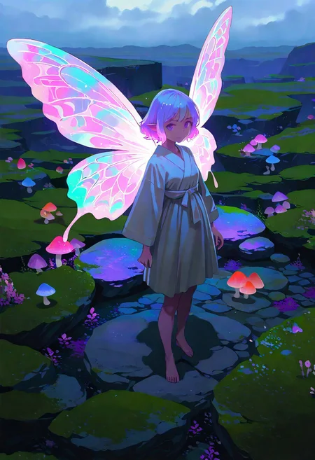 (fine fabric emphasis:1.2), masterpiece,best quality,highres,absurdres,best quality,amazing quality,very aesthetic,absurdres, fairy ring, flat color, no lineart, ultraviolet, newest, absurd res, hi res, very awa, fairy, reoen, female, norakura \(nr kura\), slim, butterfly wings, solo, toga, looking at viewer, innocent, standing, mushrooms, rocks, moss, highlands, overcast, mist, early morning, dim, ethereal, iridescent, mysterious, cinematic lighting, dramatic,postcard,  (lineart:0.6), high-angle view, watercolor, illustration, vintage, akai sashimi, mucknagabe,